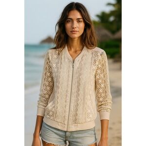 Band of Gypsies Satin & Lace Bomber Jacket‎ Cream Floral Lightweight Small READ